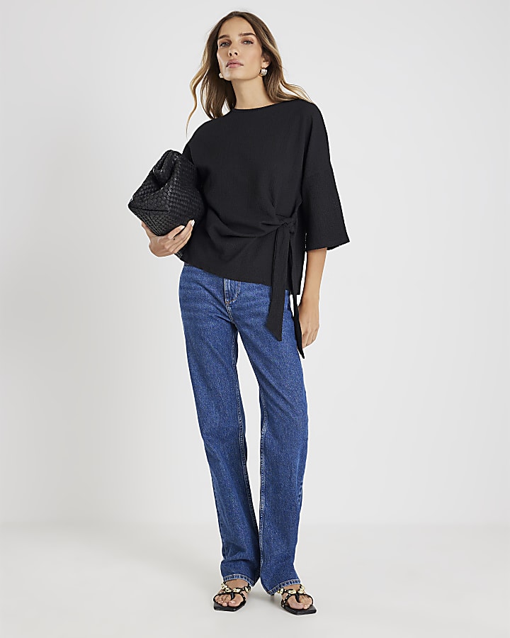 Black Short Sleeve Texture Tie T-shirt