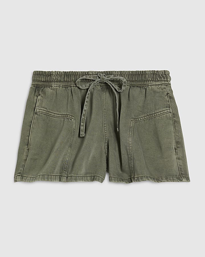 Khaki Tie Waist Denim Shorts
