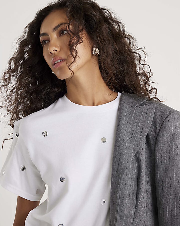 White Short Sleeve Studded T-shirt
