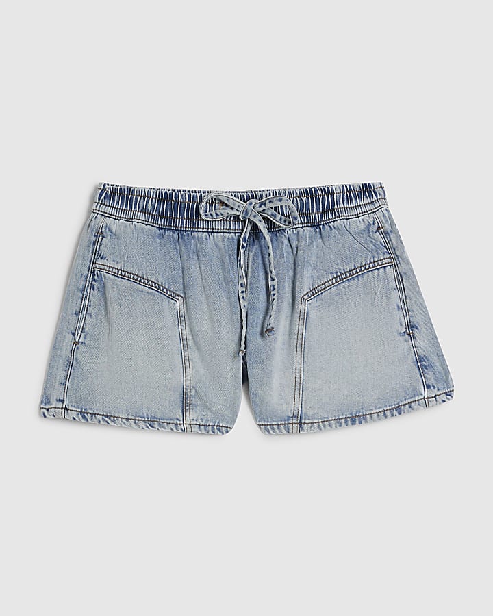 Blue Tie Waist Denim Shorts
