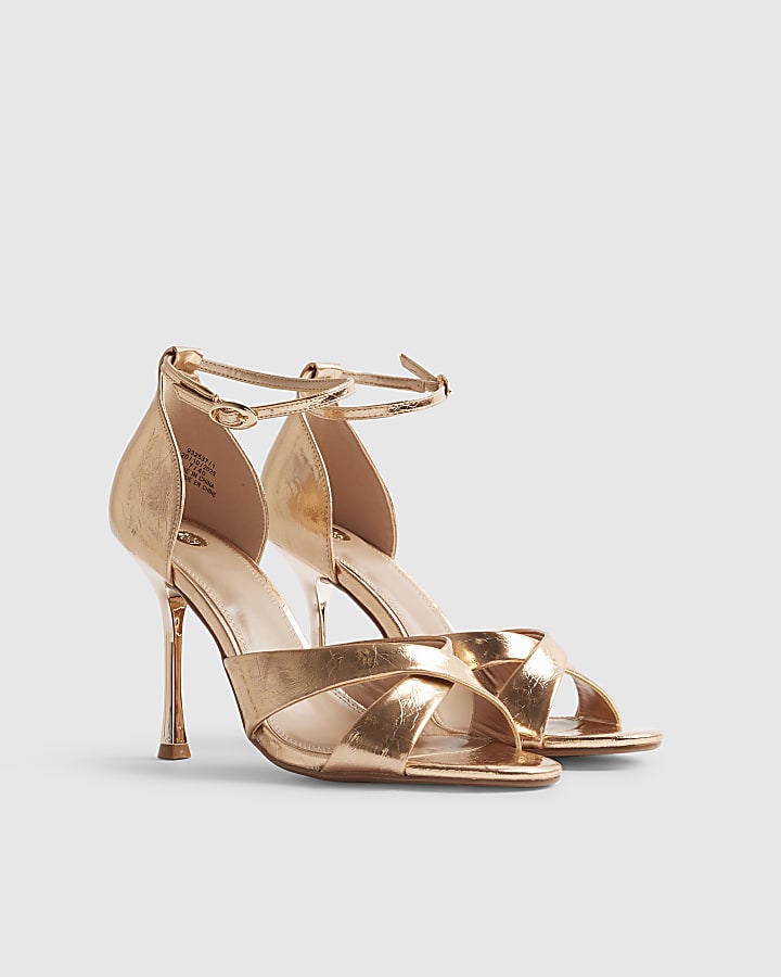 Rose Gold Cross Over Strap Heeled Sandals