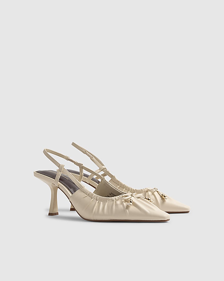 Cream Wide Fit Ruched Bow Court Heels