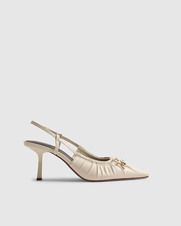 Cream Wide Fit Ruched Bow Court Heels