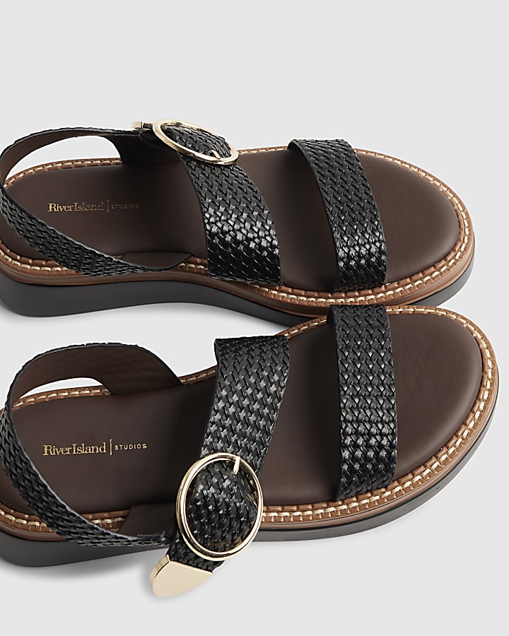 Black Woven Buckle Flatform Sandals