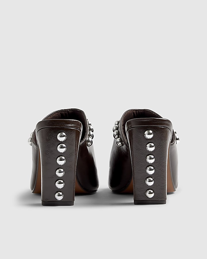 Brown Faux Leather Studded Block Heel Mules