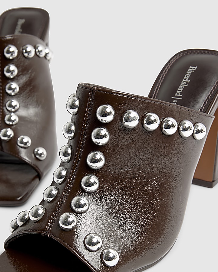 Brown Faux Leather Studded Block Heel Mules