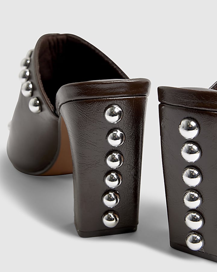Brown Faux Leather Studded Block Heel Mules
