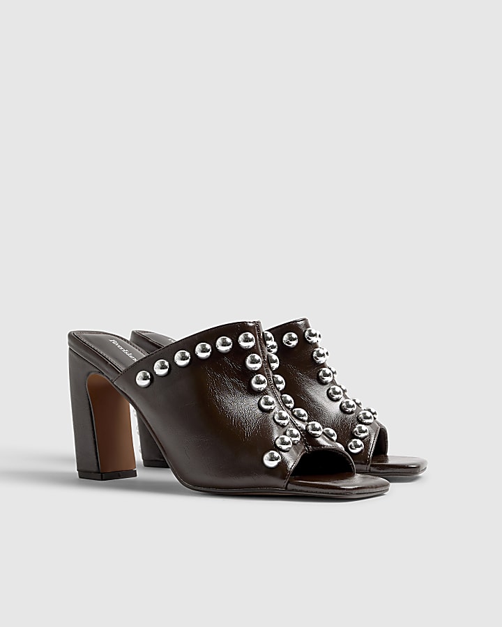 Brown Faux Leather Studded Block Heel Mules