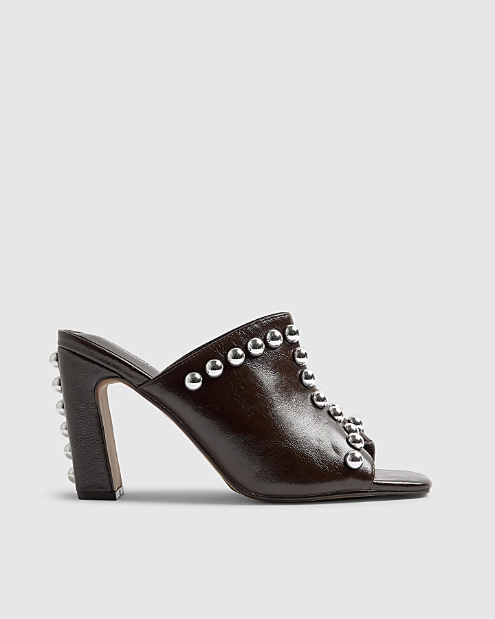 Brown Faux Leather Studded Block Heel Mules