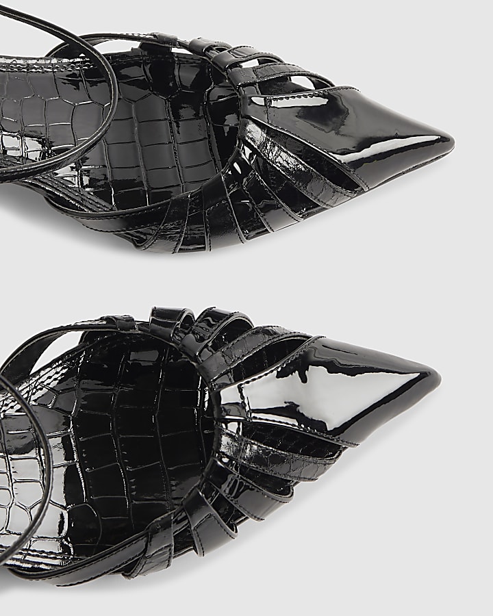 Black Croc Print Caged Detail Court Heels