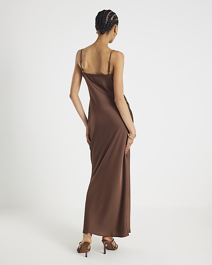 Brown Satin Feather Trim Slip Maxi Dress