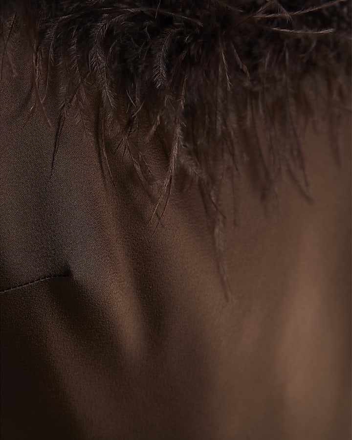 Brown Satin Feather Trim Slip Maxi Dress