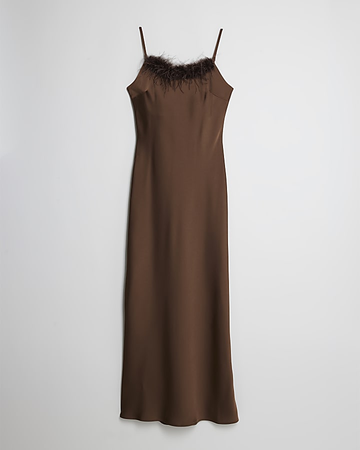 Brown Satin Feather Trim Slip Maxi Dress