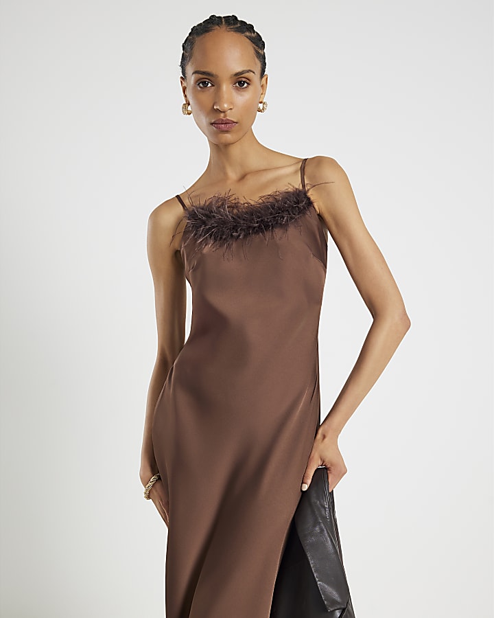 Brown Satin Feather Trim Slip Maxi Dress