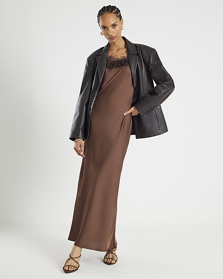 Brown Satin Feather Trim Slip Maxi Dress