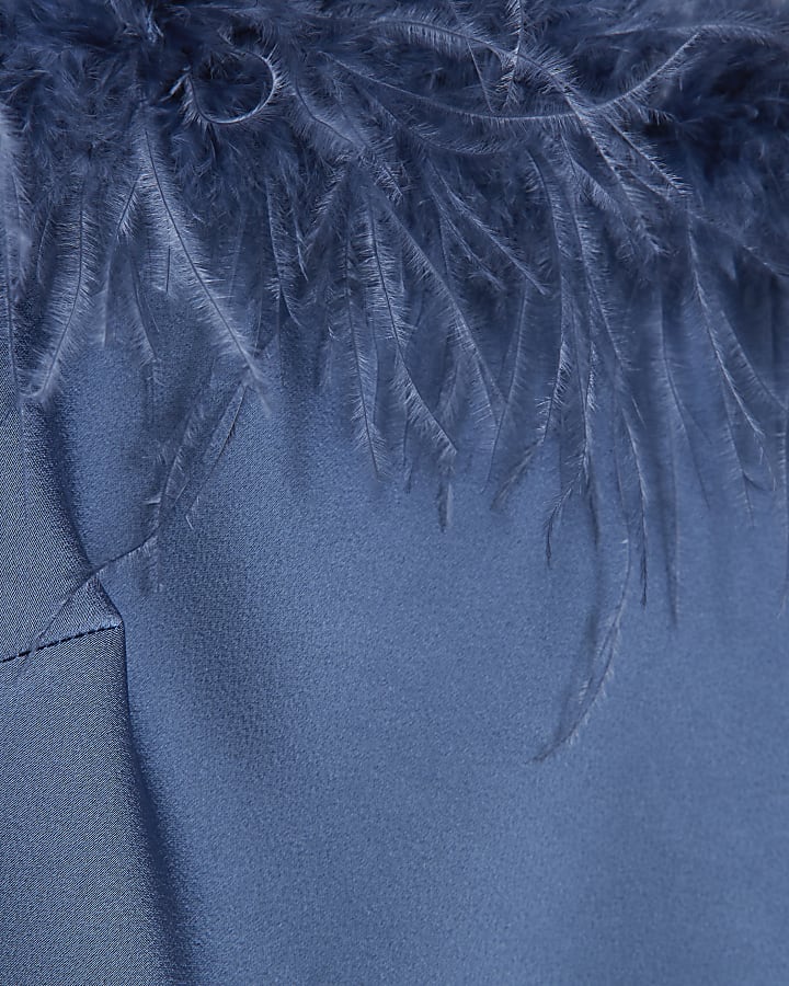 Blue Satin Feather Trim Slip Maxi Dress