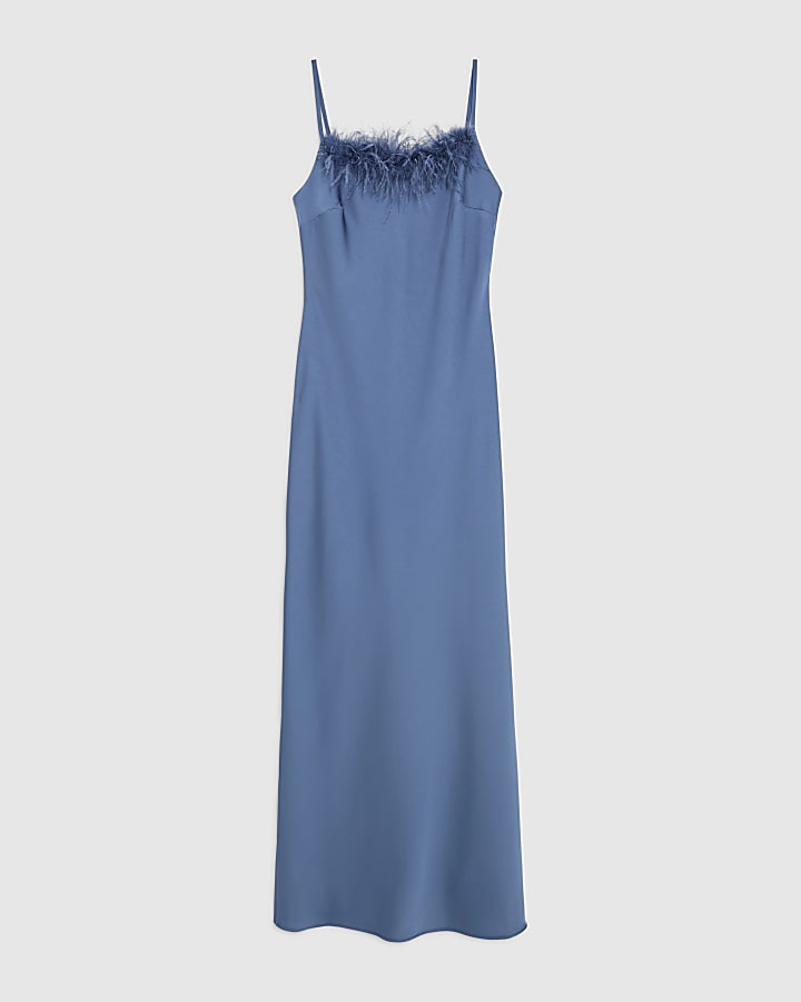 Blue Satin Feather Trim Slip Maxi Dress