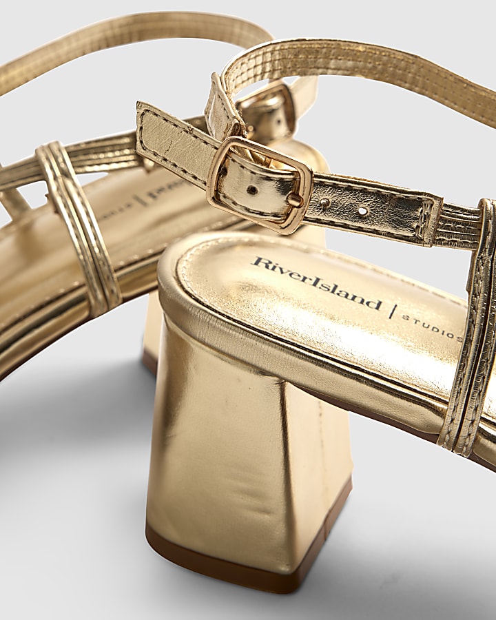 Gold Caged Block Heel Sandals