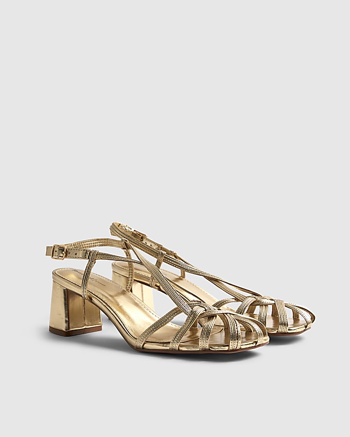Gold Caged Block Heel Sandals