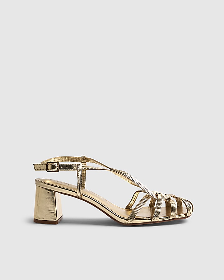 Gold Caged Block Heel Sandals
