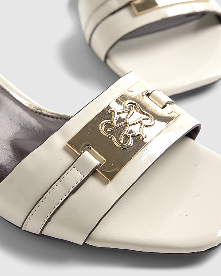 White Branded Block Heel Sandals