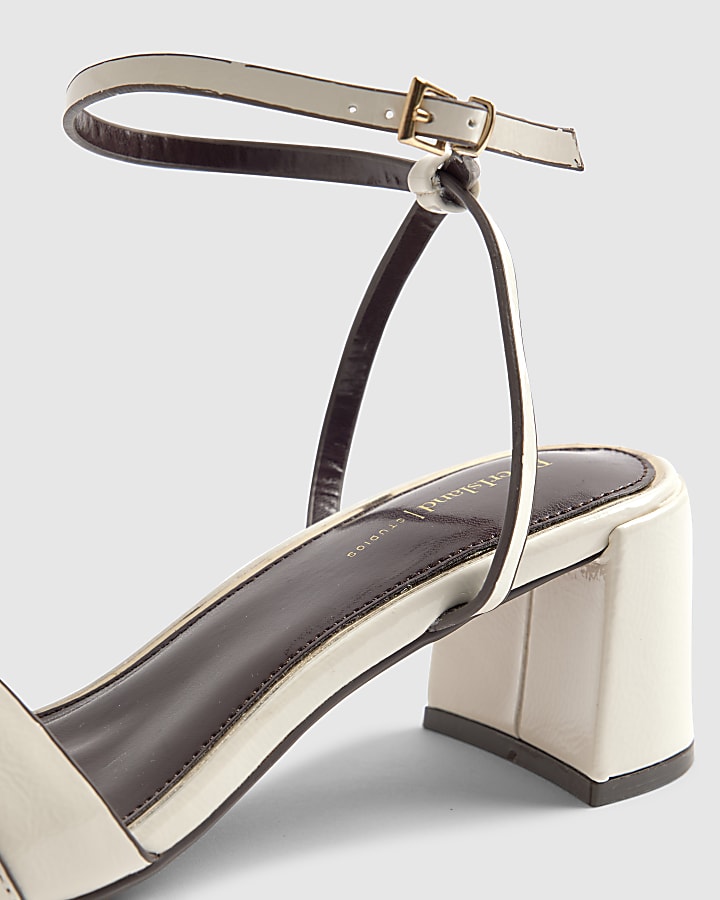 White Branded Block Heel Sandals