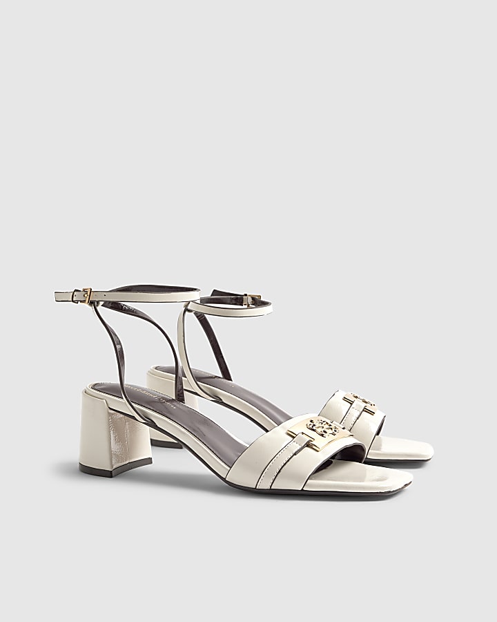 White Branded Block Heel Sandals