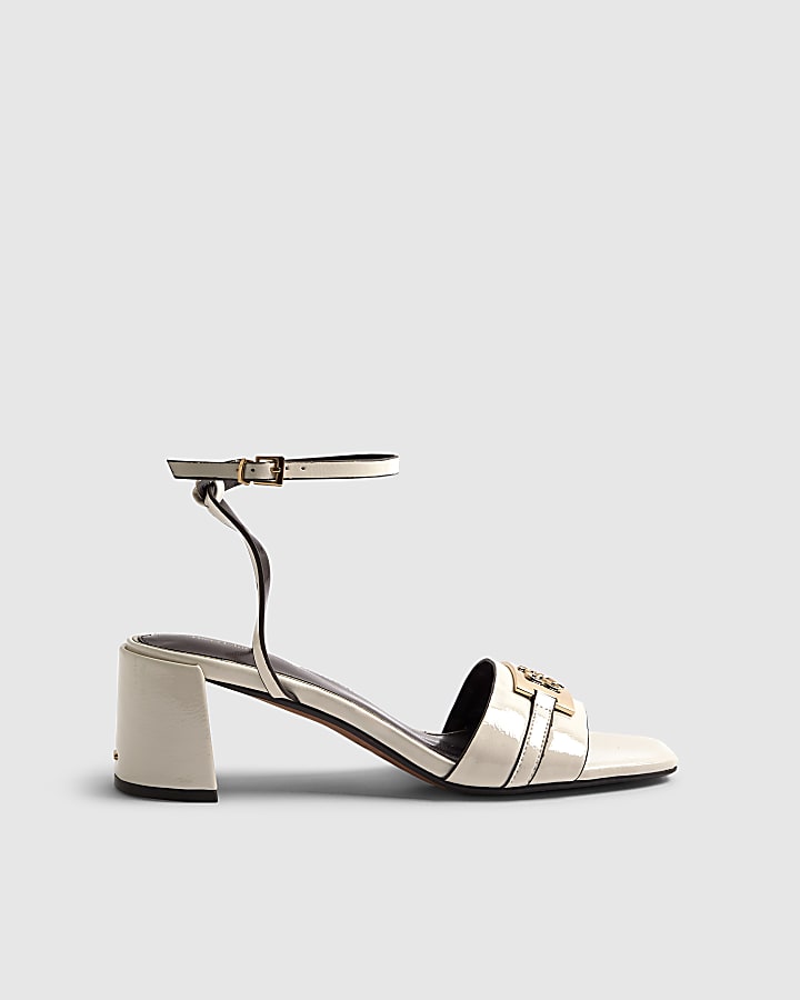White Branded Block Heel Sandals