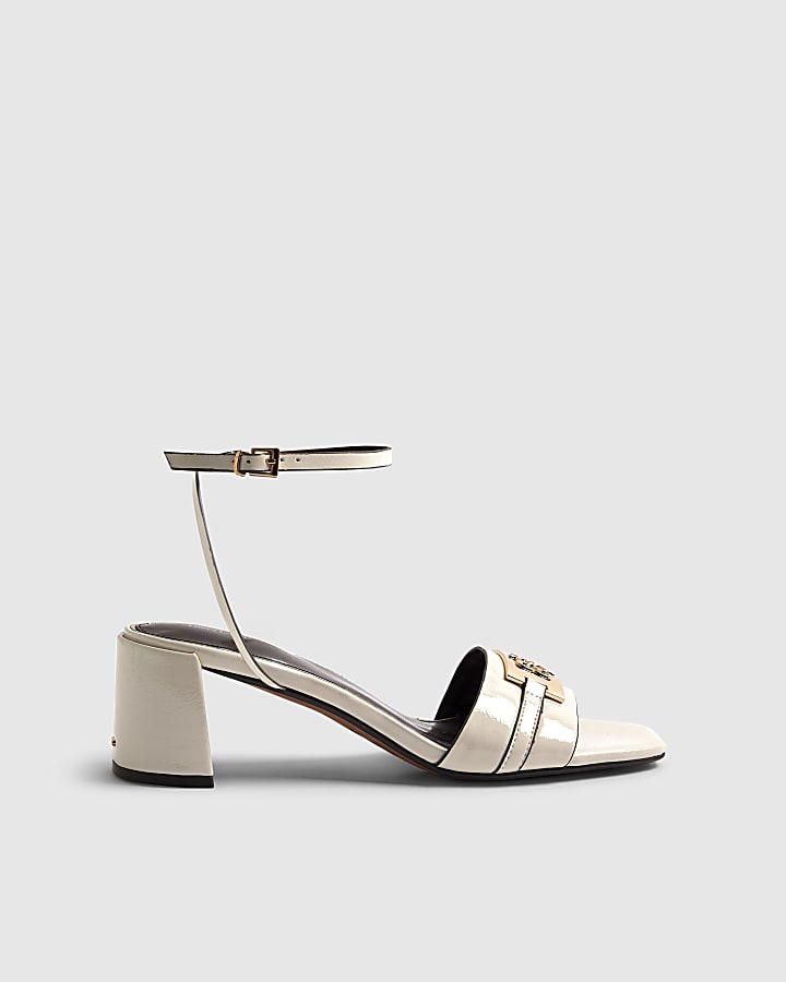 White Branded Block Heel Sandals