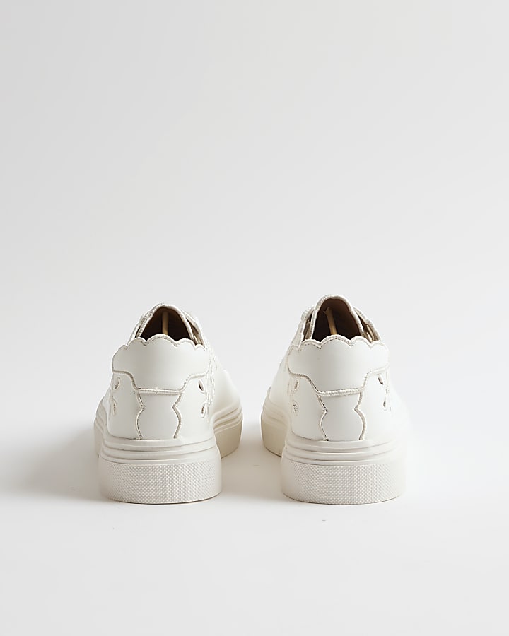 White Scalloped Cut Lace Up Trainers