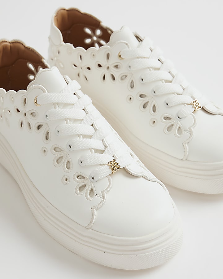 White Scalloped Cut Lace Up Trainers