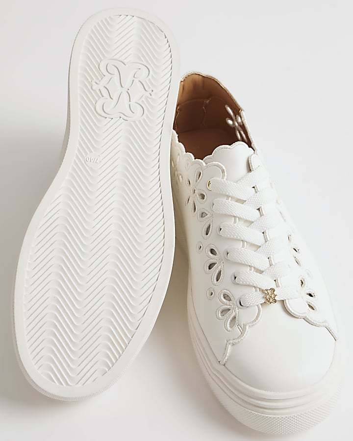 White Scalloped Cut Lace Up Trainers