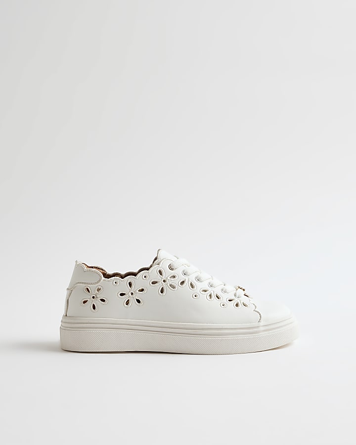 White Scalloped Cut Lace Up Trainers
