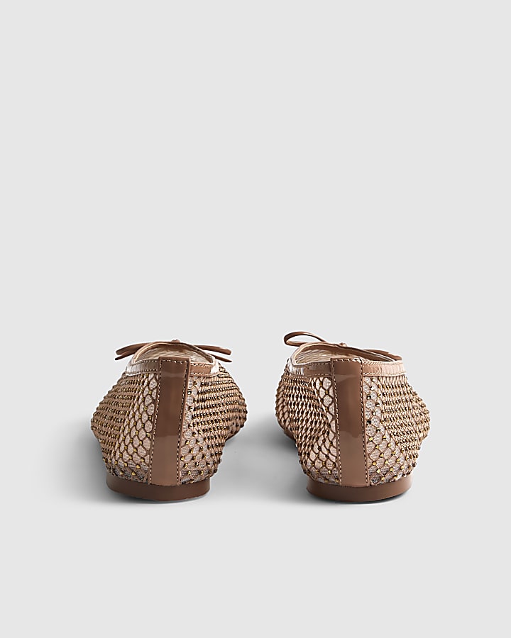 Beige Embellished Mesh Ballet Pumps