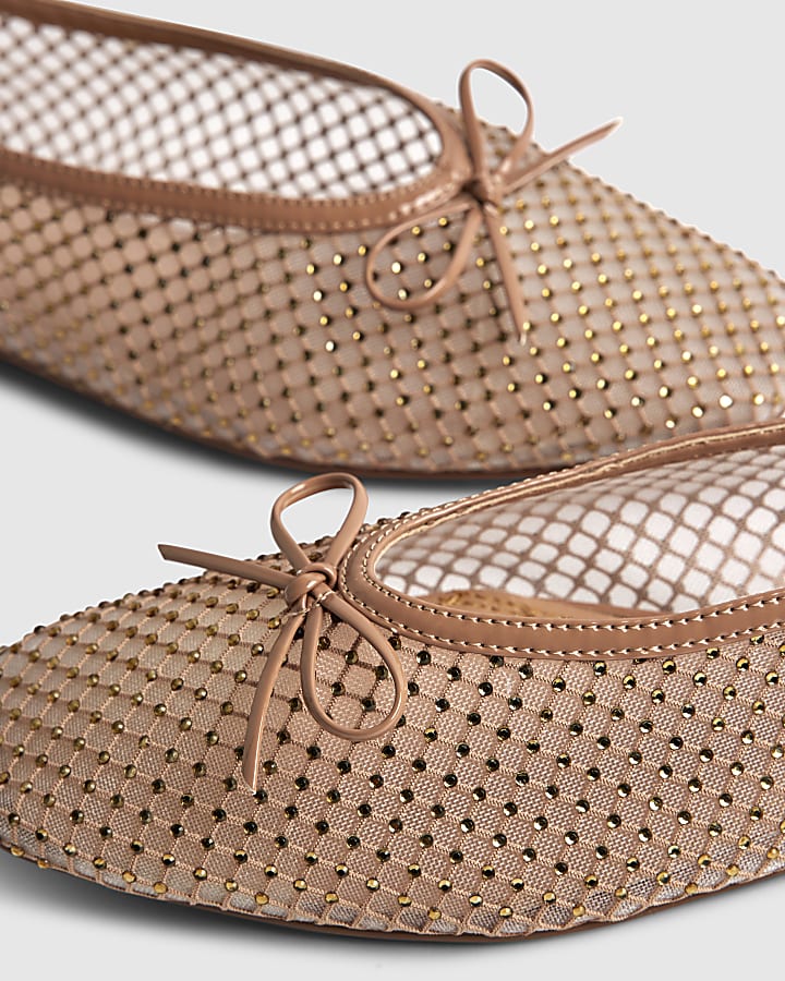 Beige Embellished Mesh Ballet Pumps