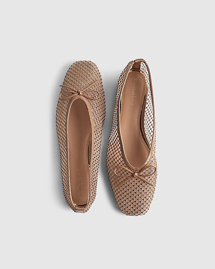 Beige Embellished Mesh Ballet Pumps