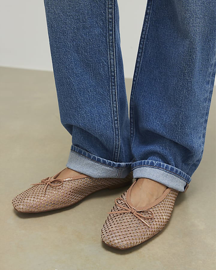 Beige Embellished Mesh Ballet Pumps