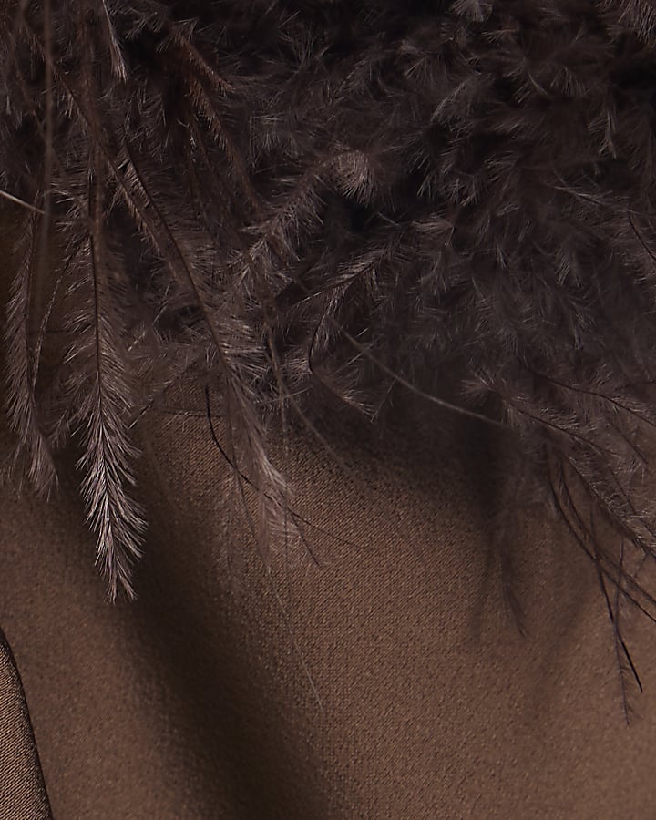 Petite Brown Satin Feather Trim Maxi Dress