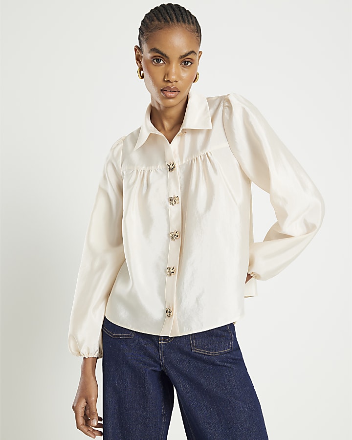 Cream Long Sleeve Button Detail Shirt