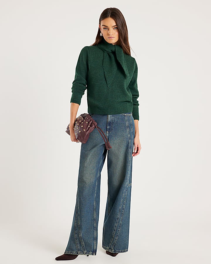 Green Knitted Neck Tie Jumper