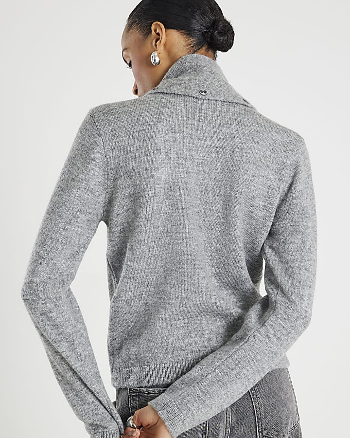 Grey Knitted Scarf Neck Jumper