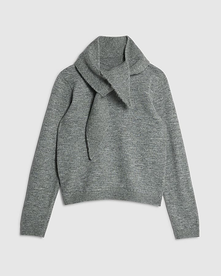 Grey Knitted Scarf Neck Jumper