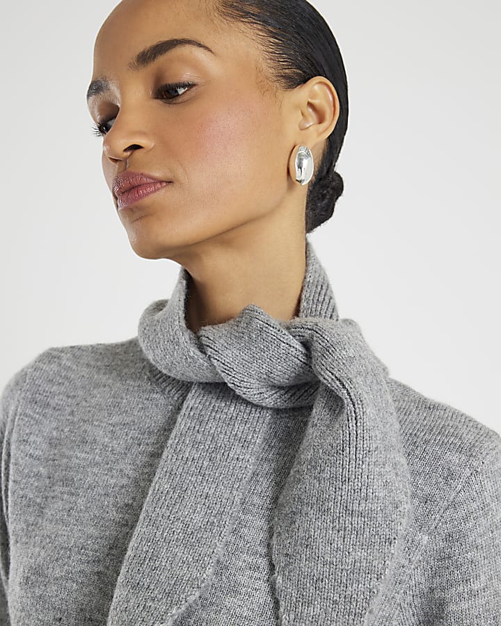 Grey Knitted Scarf Neck Jumper