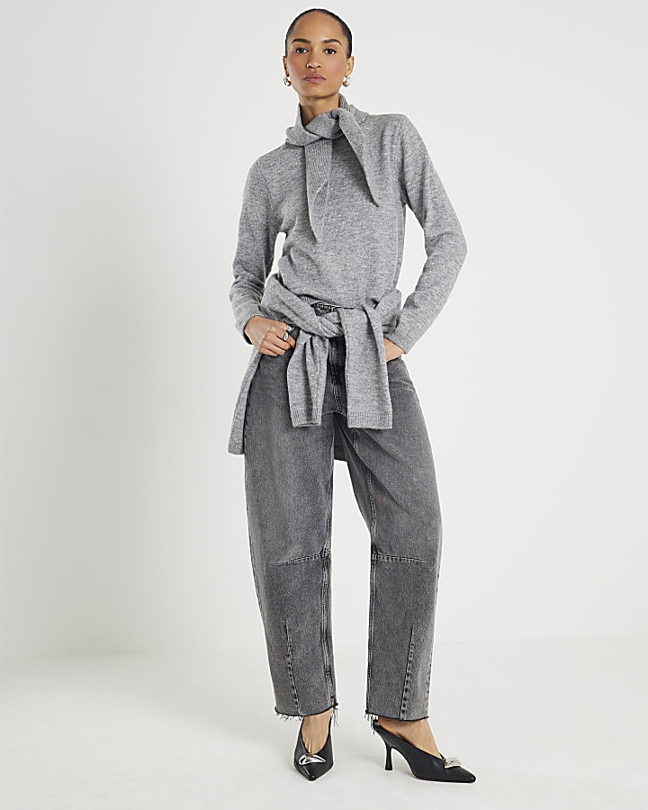 Grey Knitted Scarf Neck Jumper