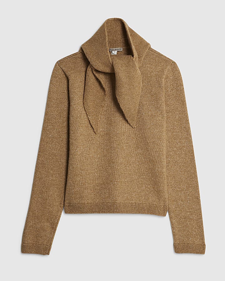 Brown Knitted Neck Tie Jumper