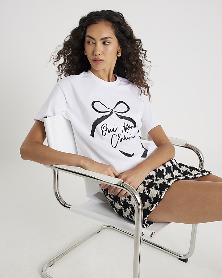 White Short sleeve Oui Mon Cheri Bow T-shirt