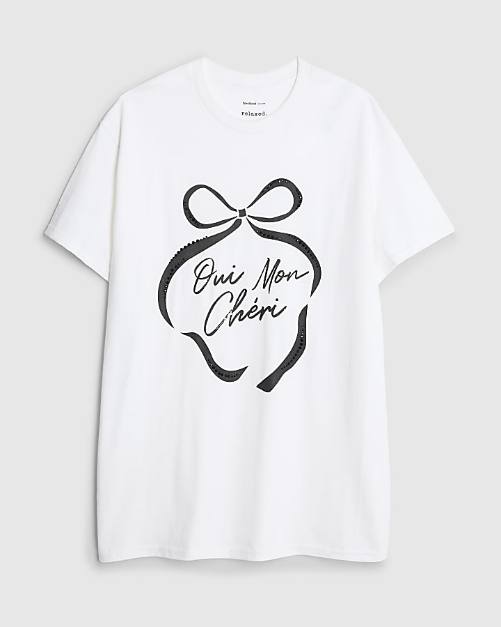 White Short sleeve Oui Mon Cheri Bow T-shirt