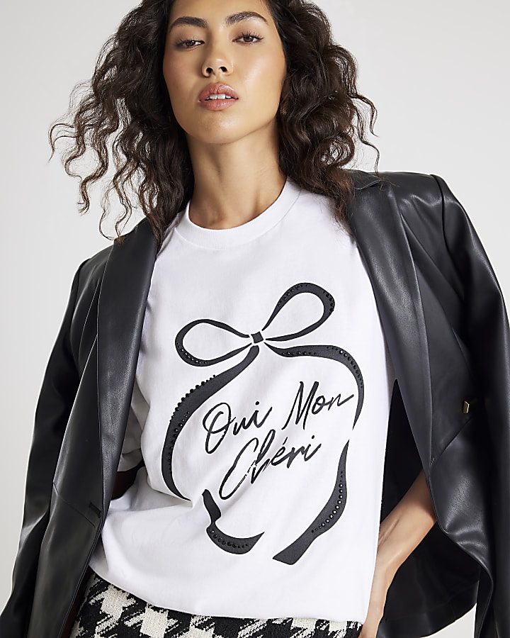 White Short sleeve Oui Mon Cheri Bow T-shirt