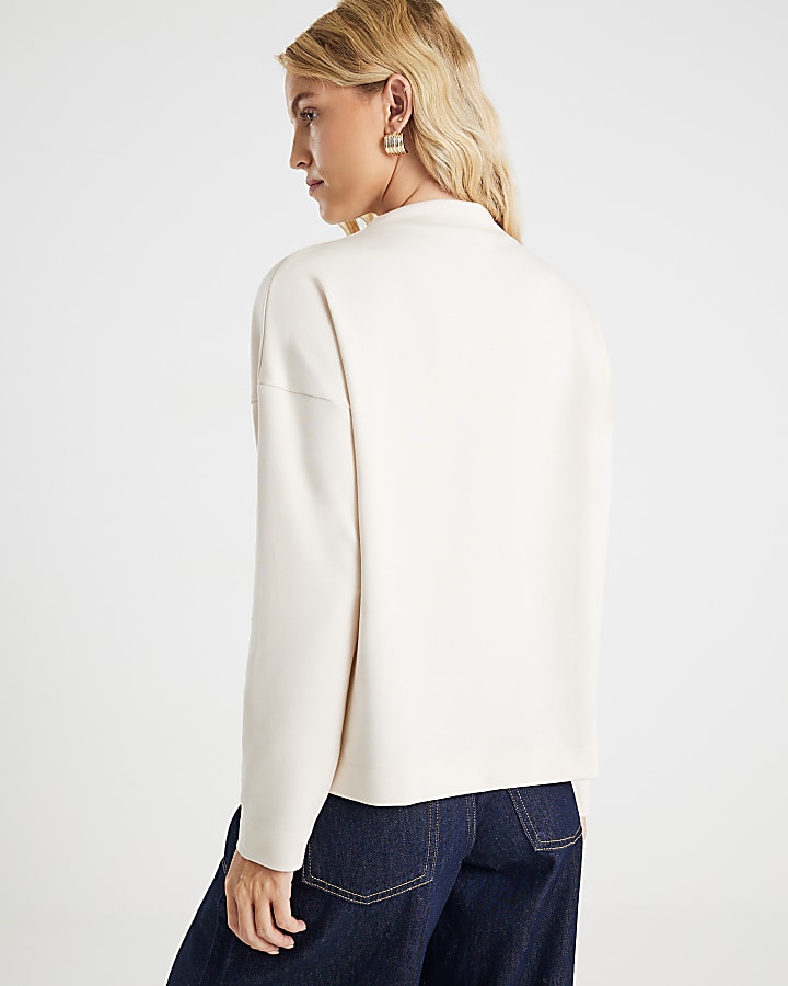 Beige Long Sleeve High Neck Neoprene Top