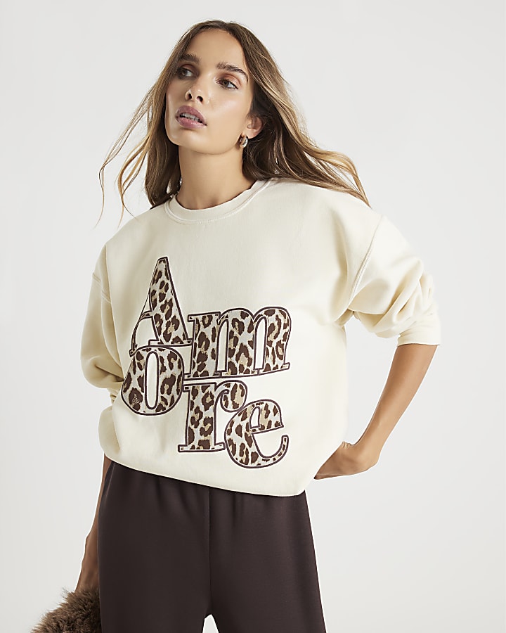 Beige Amore Animal Print Oversized Sweatshirt